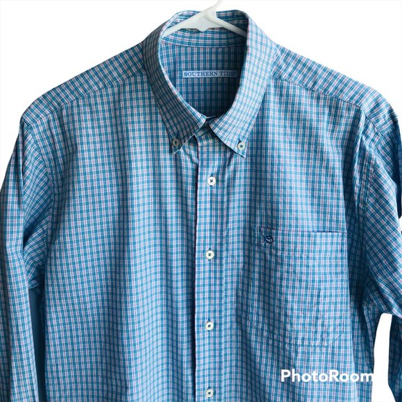 Southern Tide Pink Blue Mini Plaid Button Down LS Shirt Mens M Grand Millennial - Picture 1 of 2